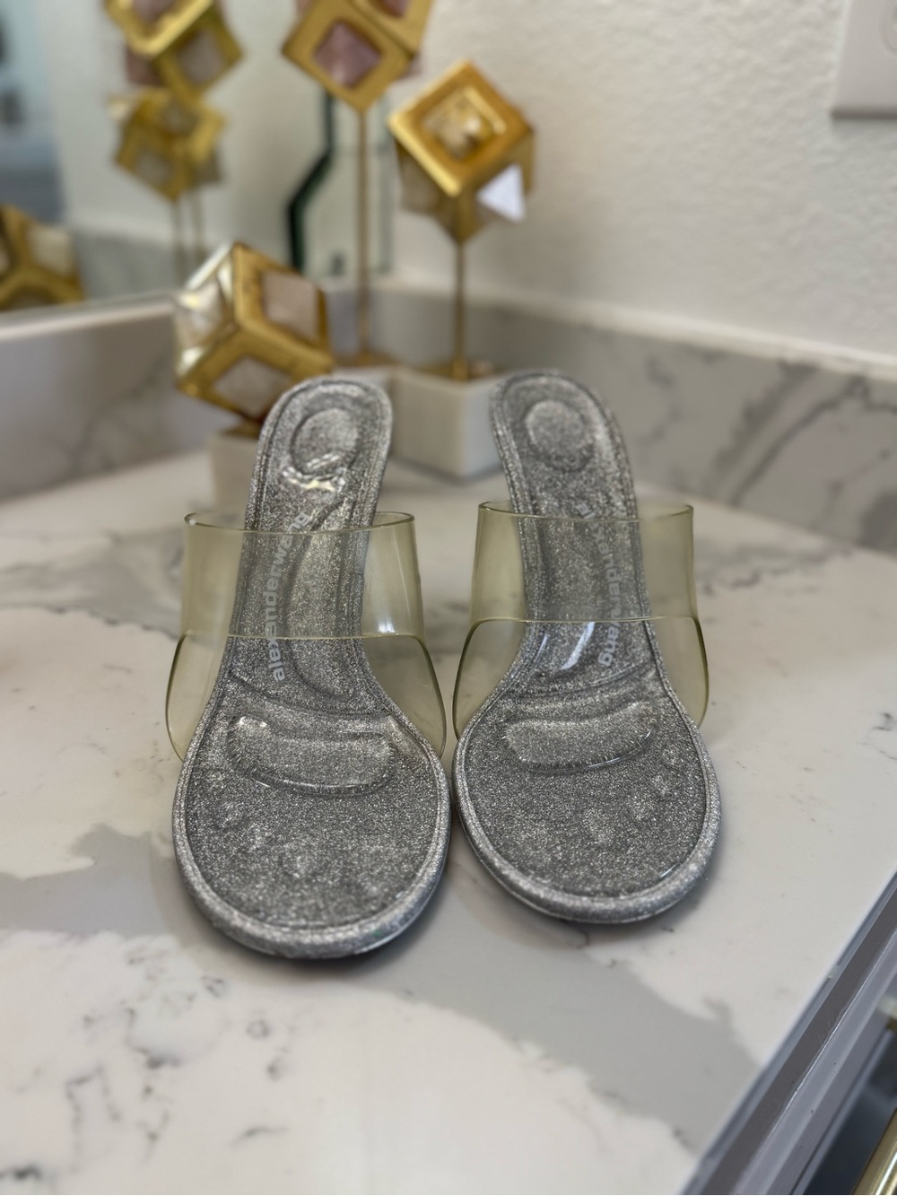 Alexander Wang Silver Glitter Slip-On Mules with Clear Strap